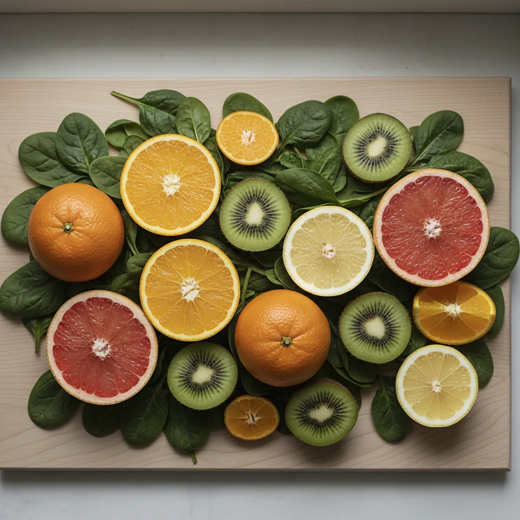 Verse citrusvruchten en groene bladeren op een lichte houten tafel